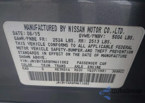 2015 Infiniti Q50 Premium from USA, damaged, VIN JN1BV7AR9FM411062